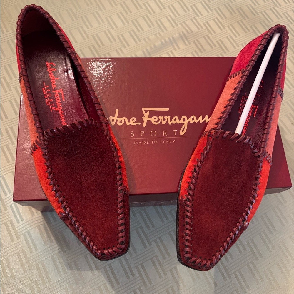 Salvatore Ferragamo Red Suede & Leather Driving Loafers